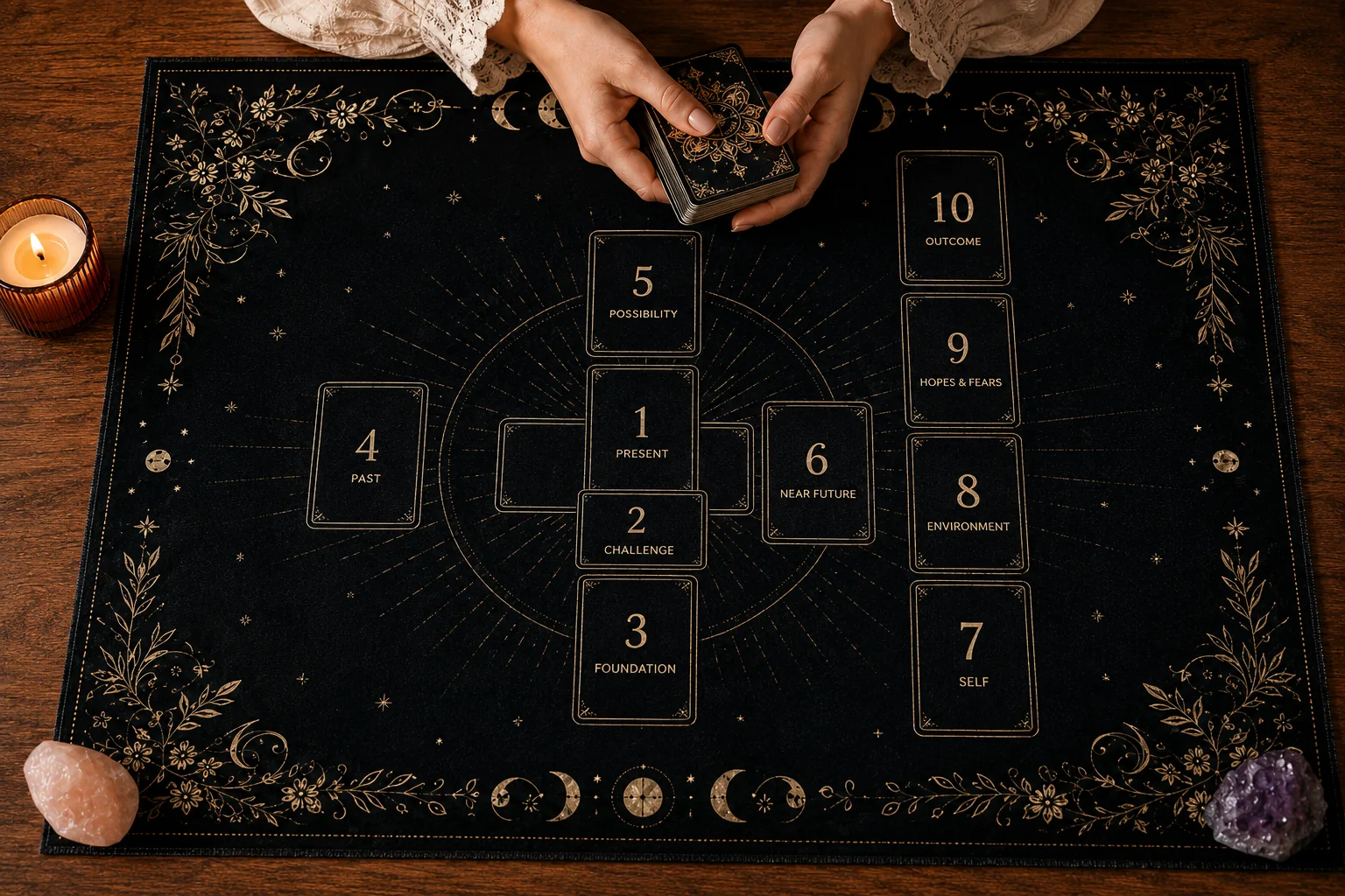 Woman preparing a tarot reading on a numbered Celtic Cross spread cloth